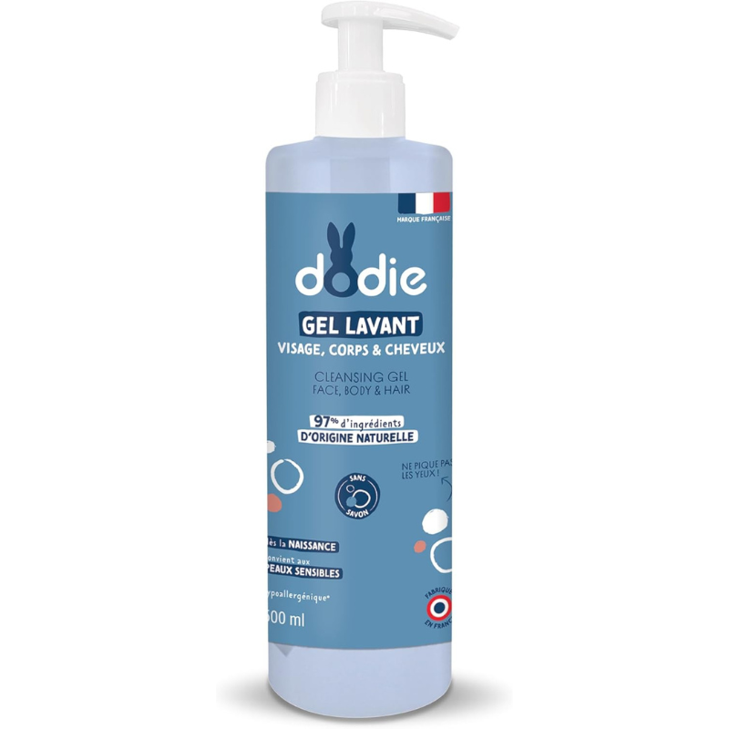 DODIE Gel Lavant 3 en 1 (500 mL) - Nettoyant Visage, Corps et Cheveux - 92% d’ingrédients d’origine naturelle