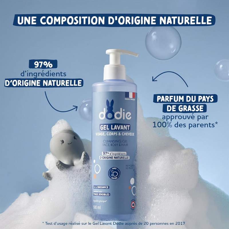 DODIE Gel Lavant 3 en 1 (500 mL) - Nettoyant Visage, Corps et Cheveux - 92% d’ingrédients d’origine naturelle