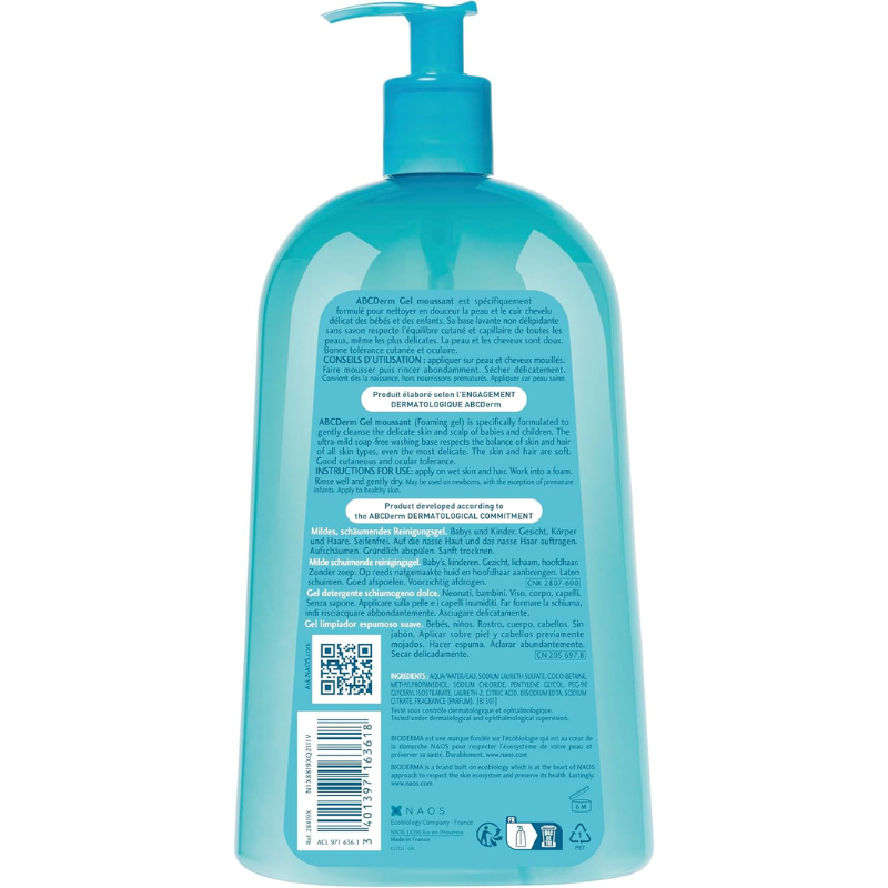 Bioderma - Abcderm - Nettoyant doux - Bébés, enfants - Pour corps, visage et cheveux - 1 L