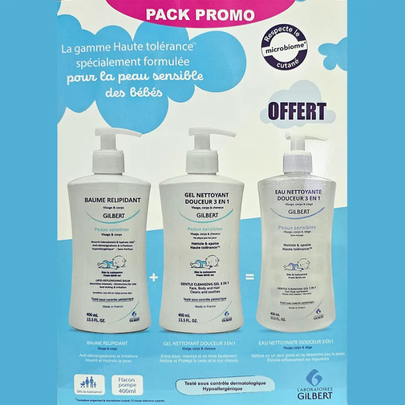Offre  Gilbert Gel Nettoyant - Baume Relipidant 400ml = Eau Nettoyante 400ml