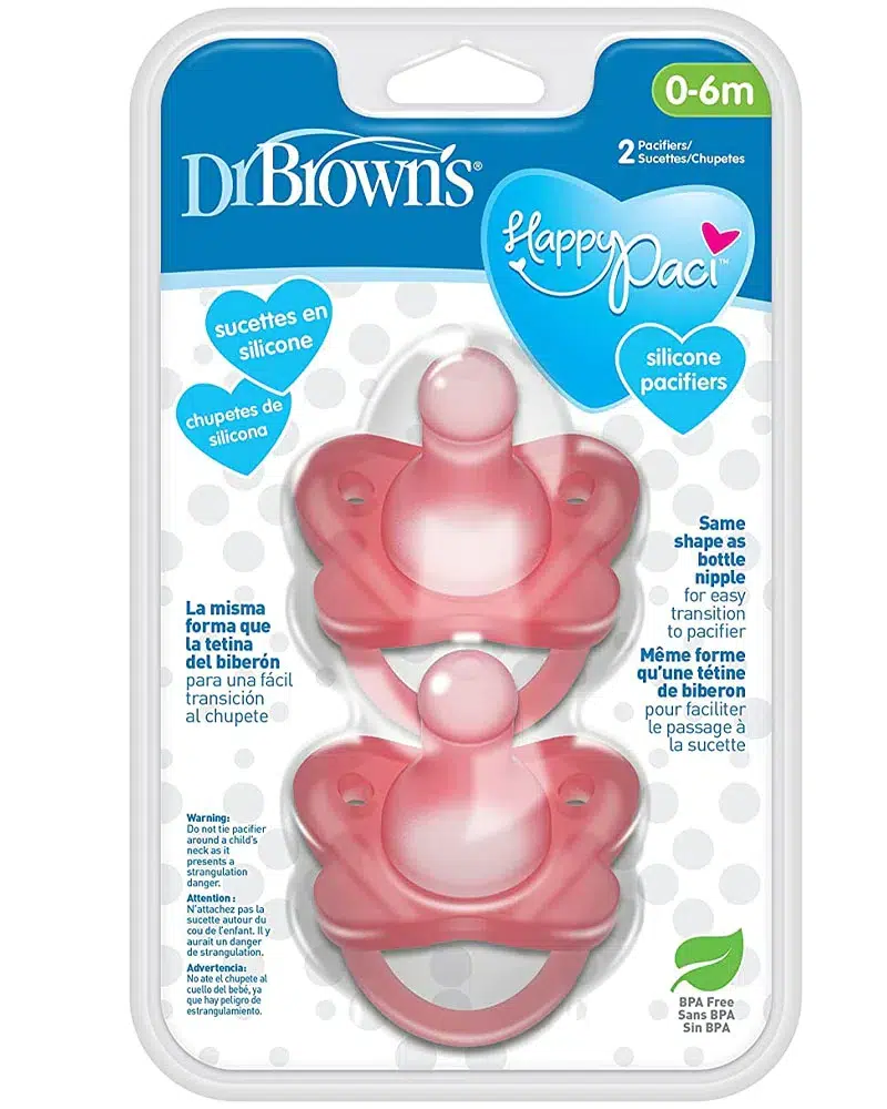 Pack de 2 Sucettes en silicone Dr. Brown’s HappyPaci 0M+ – Rose