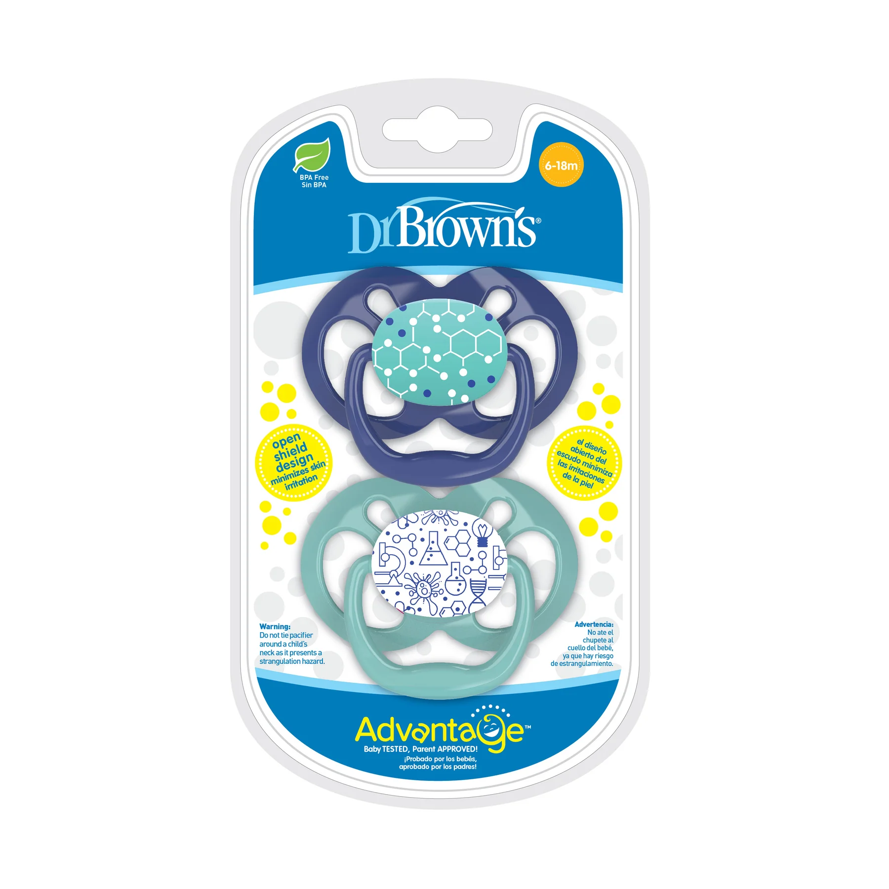 Dr.Brown’s Lot de 2 sucettes Symétriques Advantage Bleu/Vert 6-18mois