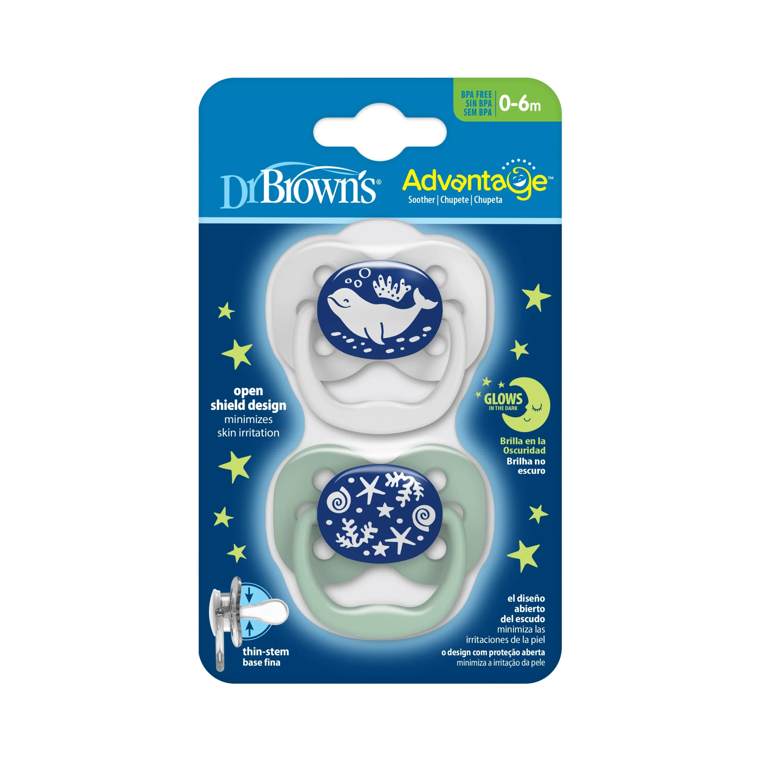 Dr.Brown’s Lot de 2 sucettes Symétriques Advantage Glow Gris/Vert 0-6mois