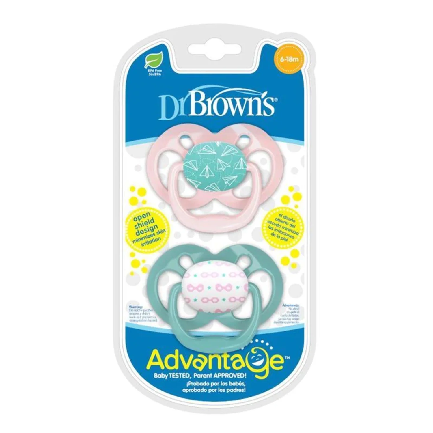 Dr.Brown’s Lot de 2 sucettes Symétriques Advantage Rose/Vert 6-18mois