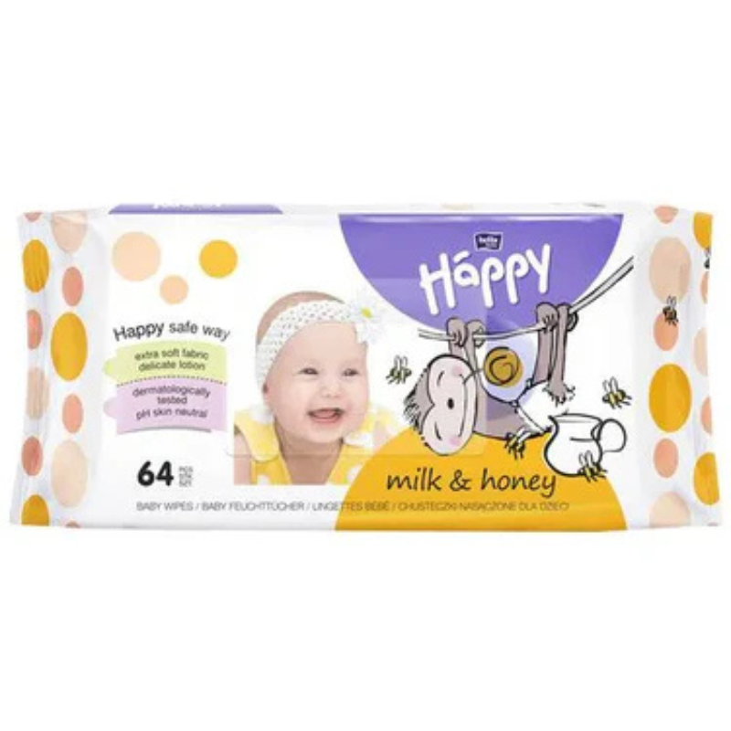64 Lingettes Lait et Miel Happy Bella Baby