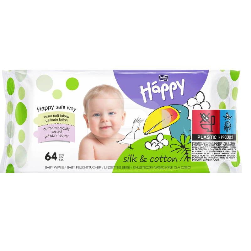 Lingettes nettoyantes à la soie et coton 64 pc Happy