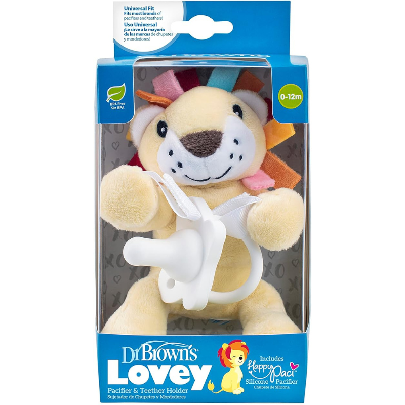 Porte-tétine et anneau de dentition Dr. Browns Lovey, motif lion et bleu sarcelle, 0 mois et plus