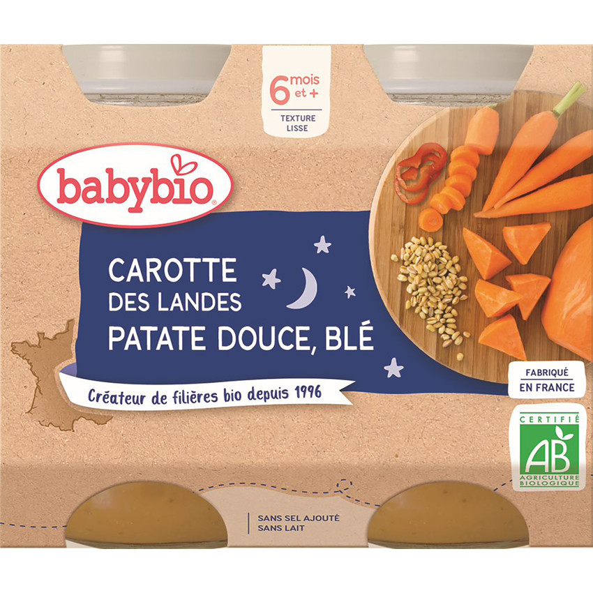 Babybio Repas du Soir - Petits pots carottes, patate douce, blé dès 6 mois 2x200g