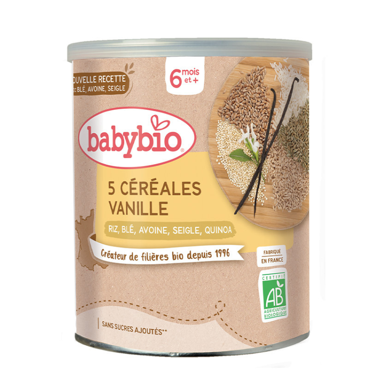 Babybio Mélange 5 céréales et vanille bio 6M+ 220g