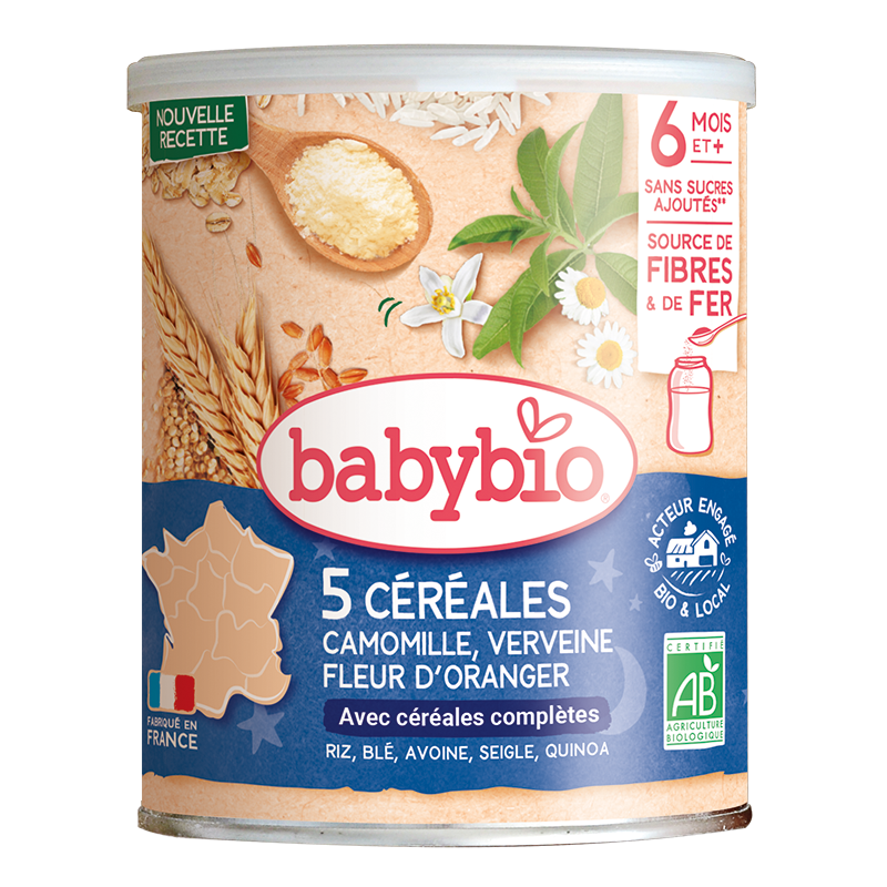 Babybio Mélange 5 céréales avec verveine, fleur d&#039;oranger et camomille bio 6M+ 220g