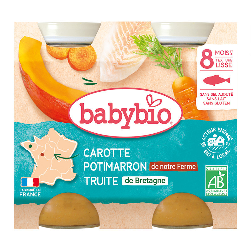 Babybio Carotte Potimarron de notre Ferme Truite de Bretagne Petits pots 2x200g