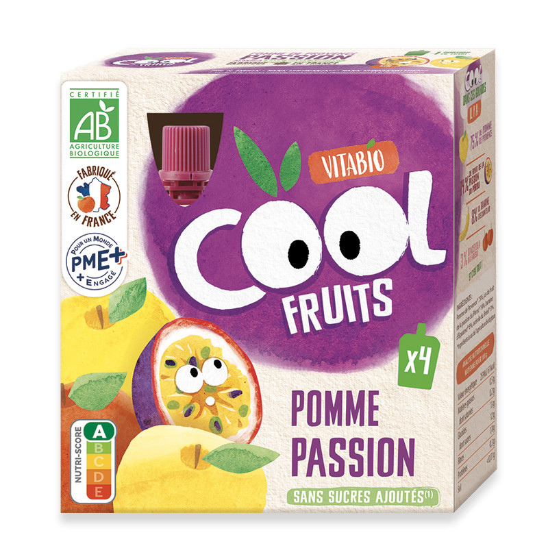 Vitabio Gourdes sucrées Cool Fruits de Pomme et Passion 4x90g