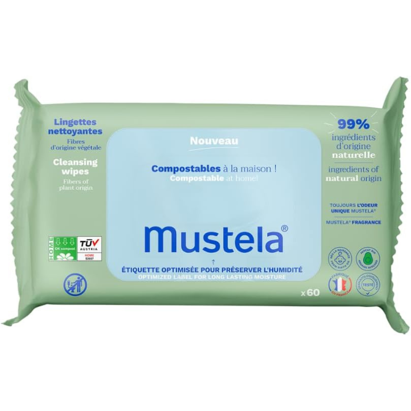 Mustela Lingettes à langer compostables parfumées, 100% fibres végétales Lyocell, corps et maquillage, bébé et famille - 99.5% d&#039;ingrédients d&#039;origine naturelle (60 Pcs)