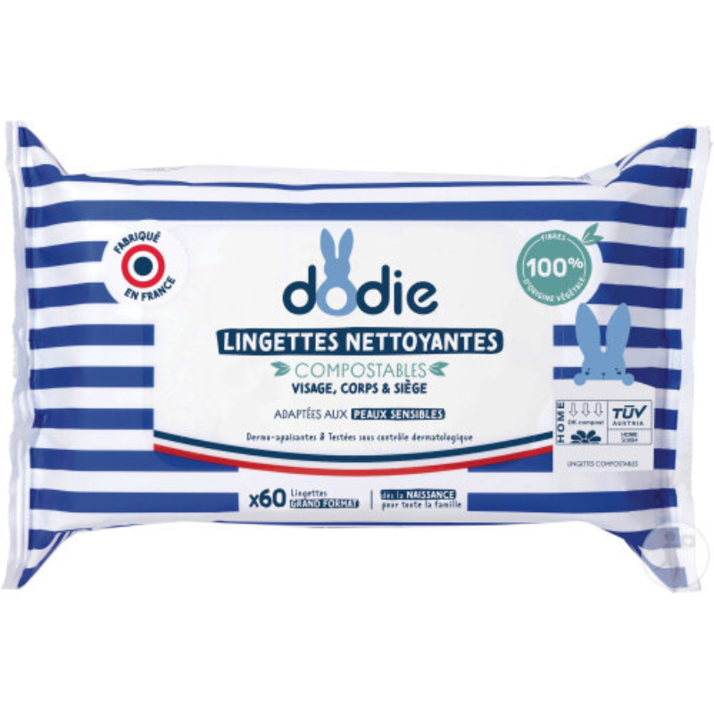 Dodie Lingettes Nettoyantes Compostables 3-En-1 Peaux Sensibles 60 Pièces