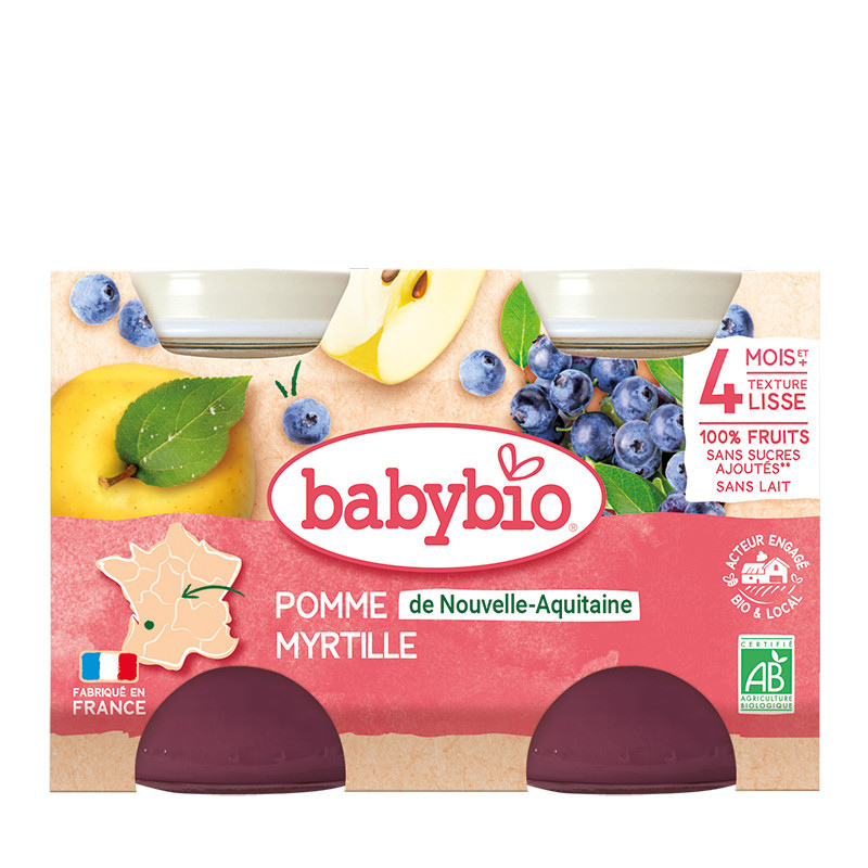 Babybio Petit pots sucrés Pomme de Nouvelle-Aquitaine &amp; Myrtille  2x130g