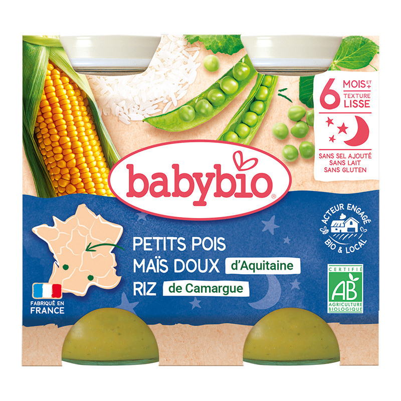 Babybio Petits pois Maïs doux d&#039;Aquitaine Riz de Camargue Petits pots 2x200g