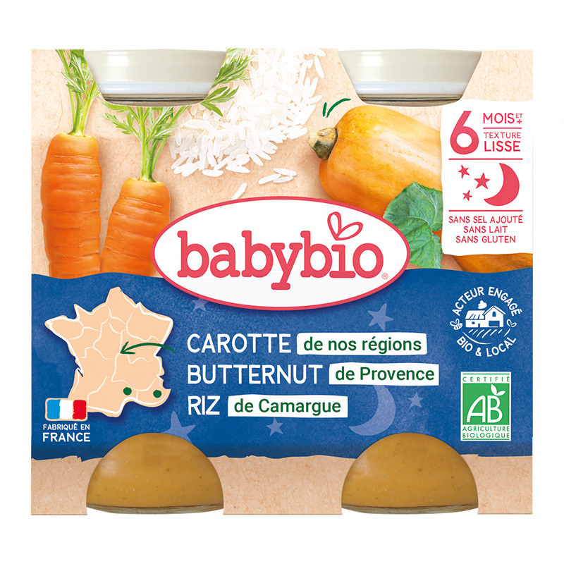 Babybio Carotte de nos régions Butternut de Provence Riz de Camargue Petits pots 2x200g