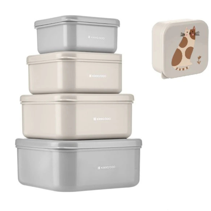 KikkaBoo Lot de 4 boîtes à lunch Kitty Cat Gris