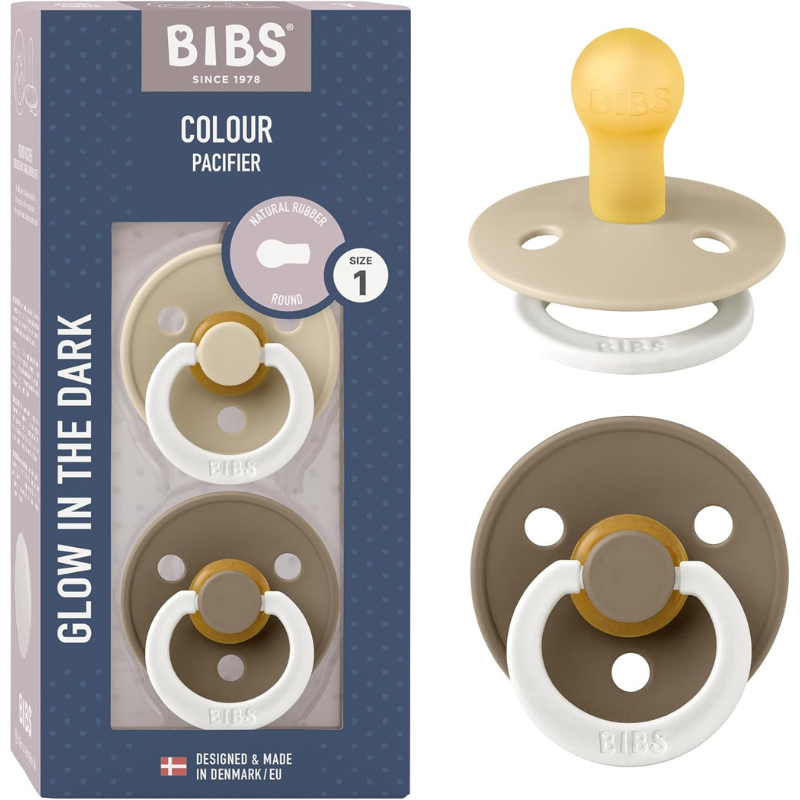 BIBS Lot de 2 Sucettes Nuit Rondes GLOW – Dark Oak/Vanilla