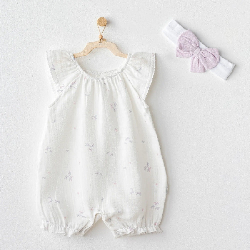Ensemble 2 pièces Andywawa pour bébé fille, combinaison d&#039;été et bandana - Blanc papillon