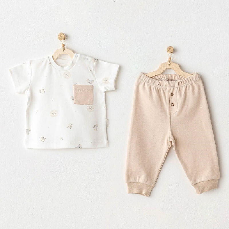 Andywawa Lot de 2 t-shirts et pantalon d'été à manches courtes pour bébé garçon - Happy Animals - Crème