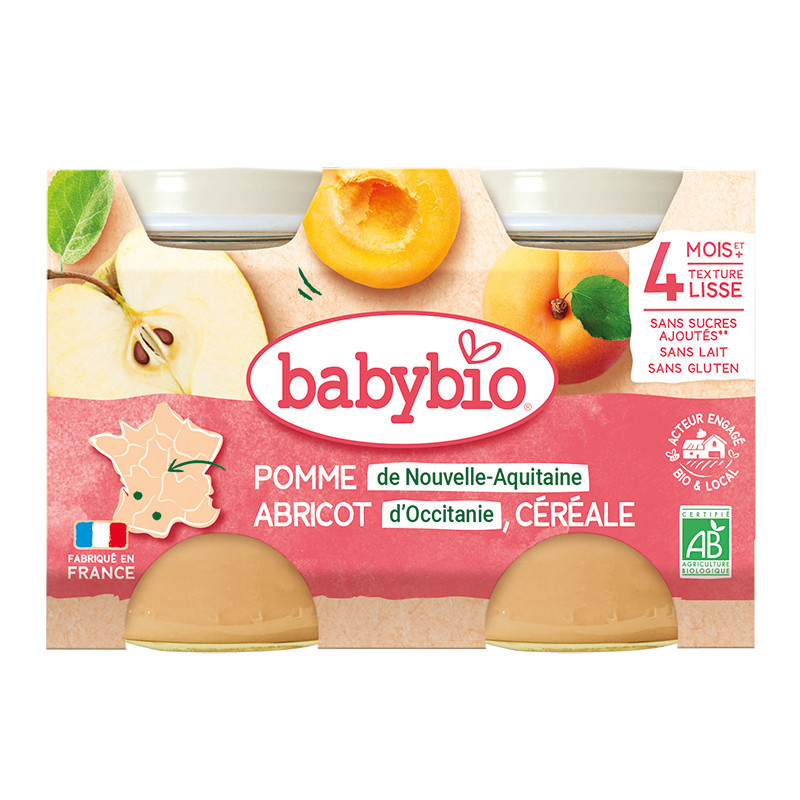 Babybio Pomme De Nouvelle-Aquitaine Abricot d'Occitanie Céréale Petits pots 2x130g