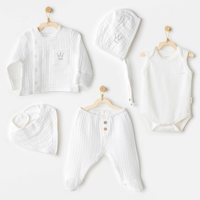 Ensemble de sortie d'hôpital 5 pièces en mousseline pour bébé garçon Andywawa, blanc
